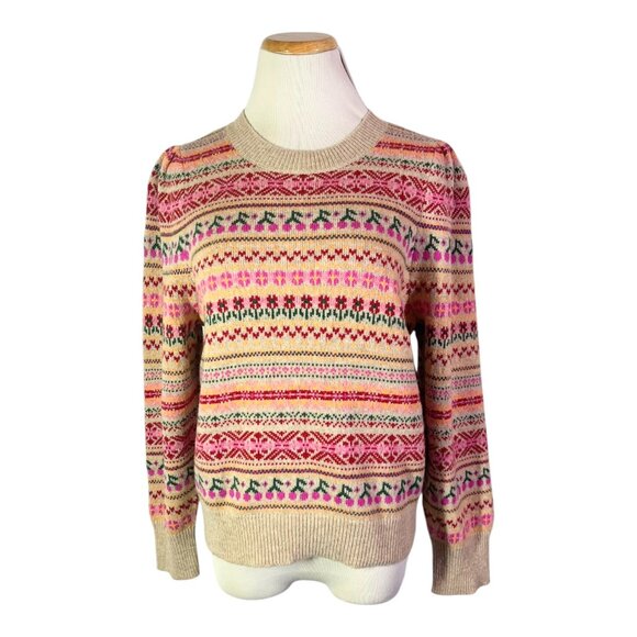 NWT J. Crew Size M Fairisle Stripe Pullover Sweater Puff Sleeve Colorful BM172 - Picture 1 of 9